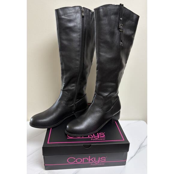 Corkys Hay There Black Tall Riding Boots Women’s Size 9 Side Zip Buckle Strap - Picture 2 of 6